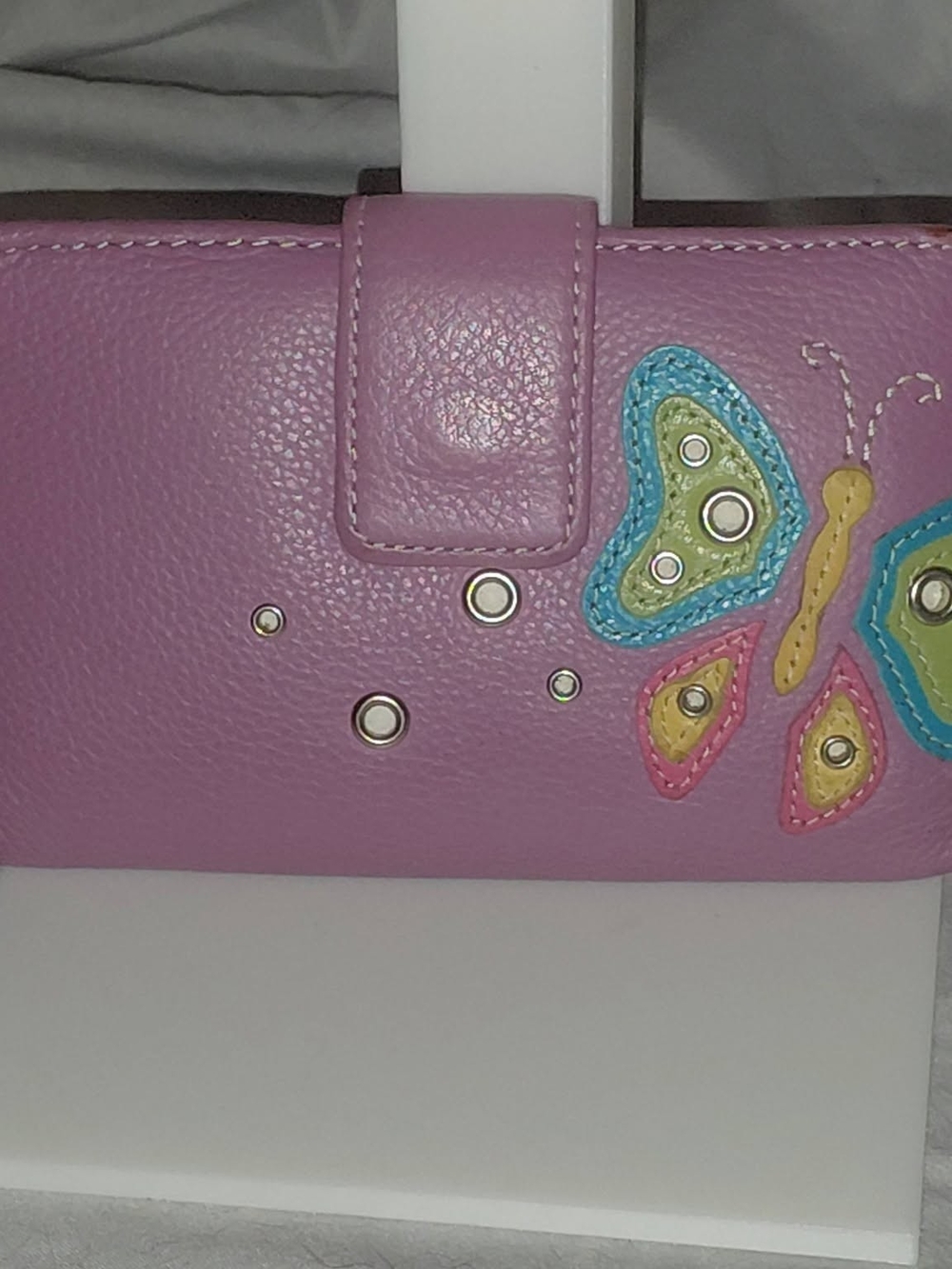 Vintage Y2K Genuine Leather Purple Butterfly Applique Snap Wallet
